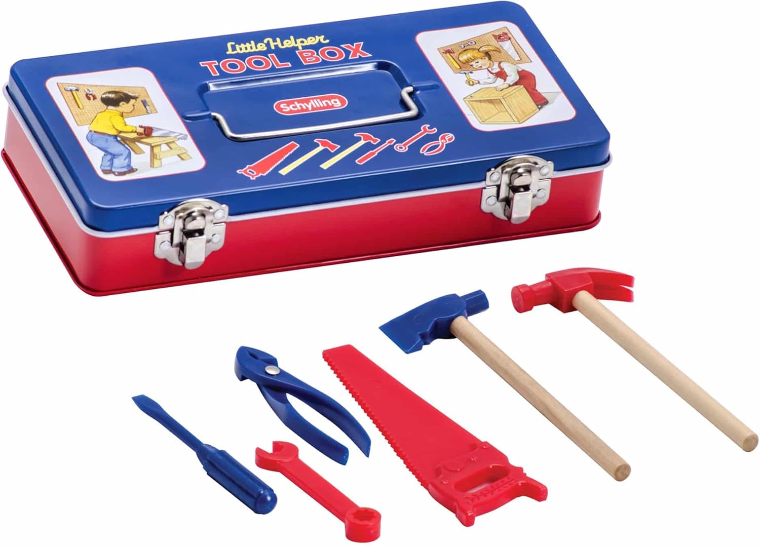 Schylling Toy Tin Tool Box with Tools - Metal Case Including 6 Tools - Ages 3+