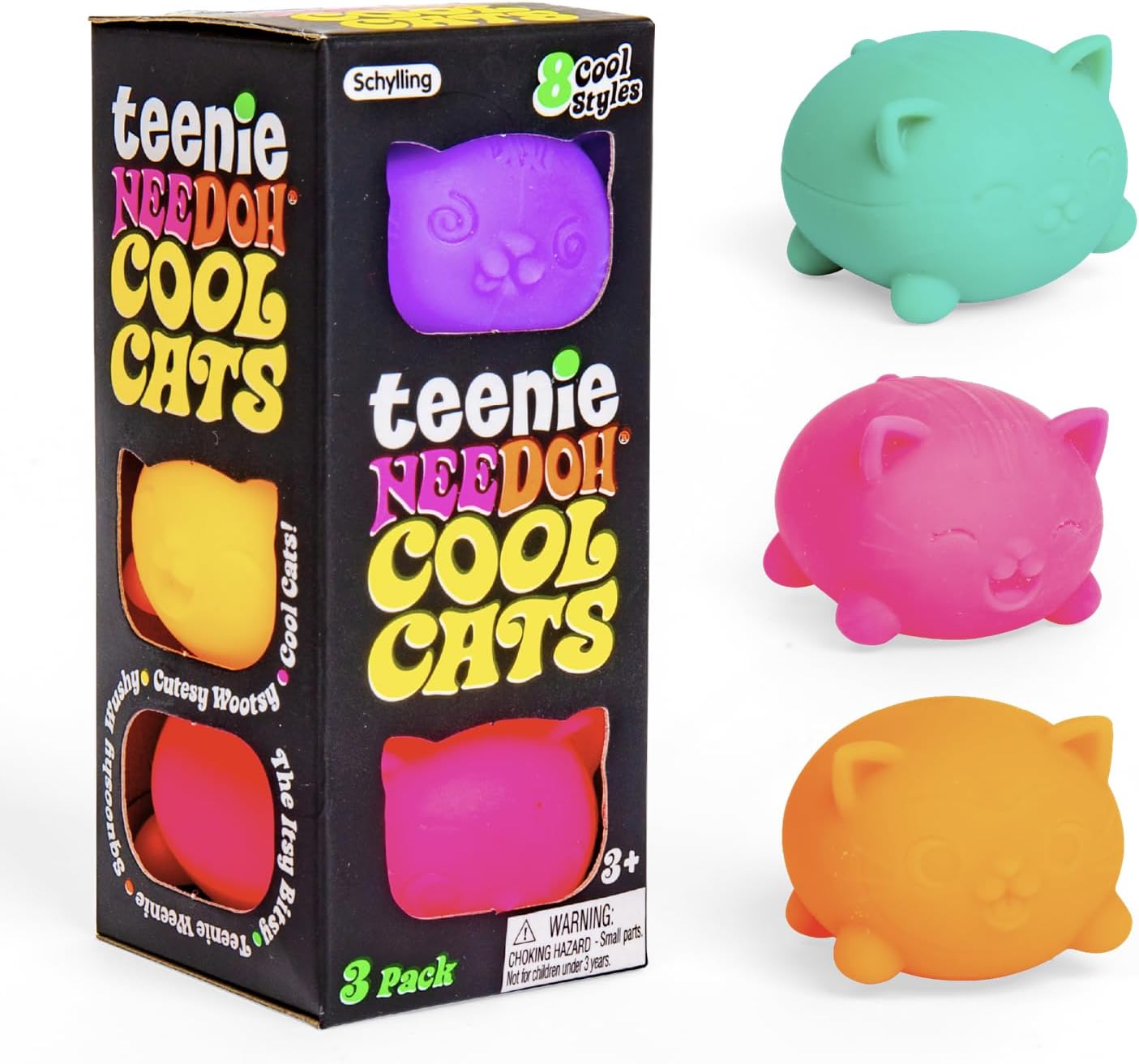 Schylling NeeDoh Teenie Cool Cat - Sensory Squeeze Toy - Contains 3 Mini Groovy Globs - 1.5 Wide - Color May Vary (Pack of 1)