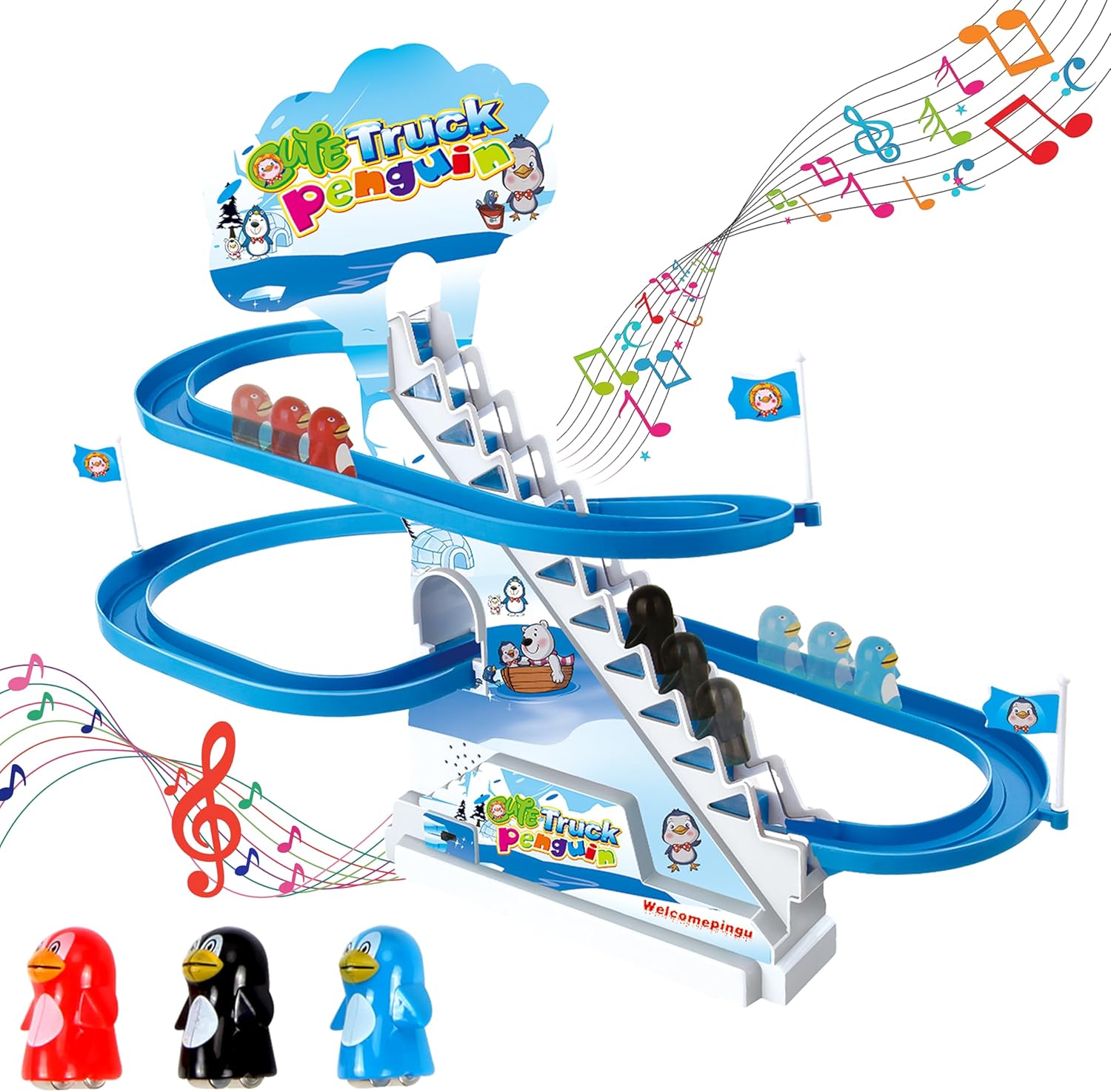 ARSUK Penguin Race Game Toy Playful Musical Roller Coaster Track Playset with Music & LED Flashing Lights On/Off Button for Toddlers and Kids Gift
